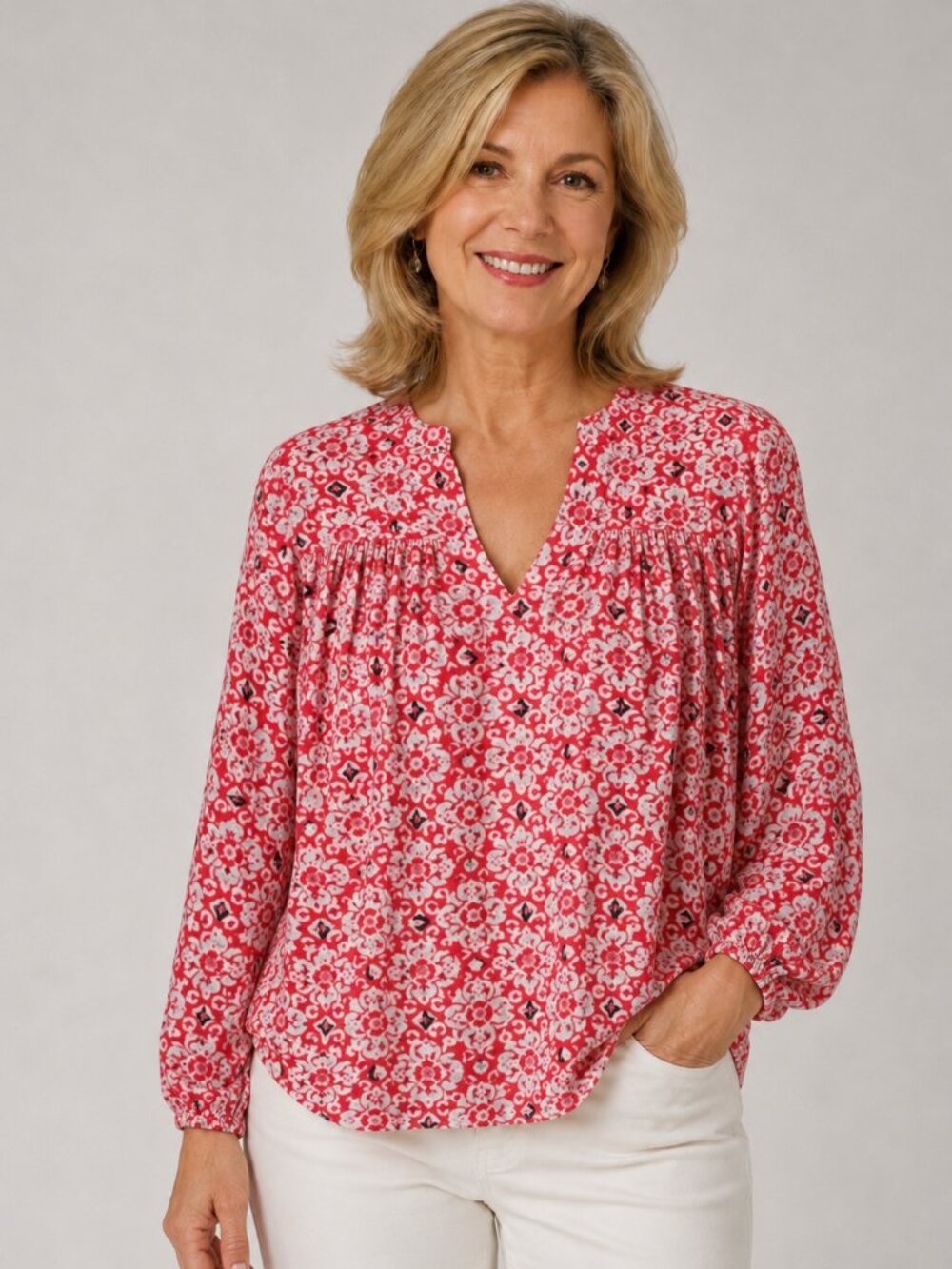 Boden Red Floral Split Neck Long Sleeve Peasant Blouse Boho Cottagecore Top Sz 8